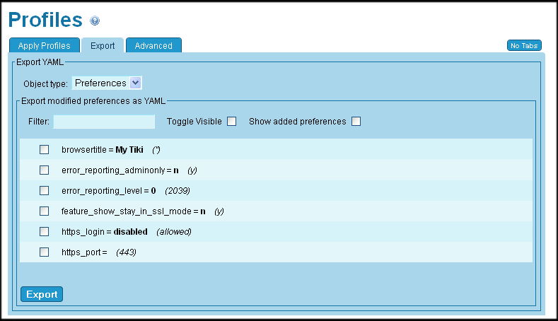 Admin: Profiles, Export tab